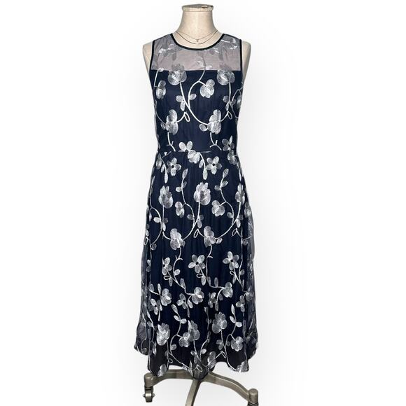 New $160 DKNY Sleeveless Floral Midi Dress Embroidered Tapestry Wedding Cocktail - Picture 2 of 12